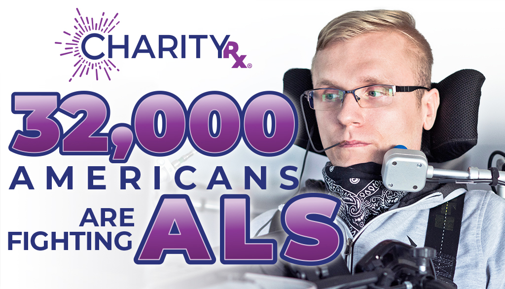 CharityRx Charity of the Month End ALS Fund image shows a man in a wheelchair and reads 32,000 Americans are fighting ALS