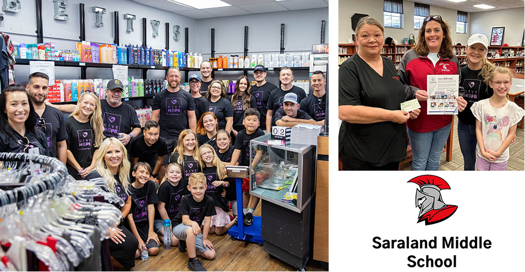 Meet CharityRx Rep Tonya Saucer 
 - Photo collage at left: a large group of smiling people wearing matching CharityRx Give Hope t-shirts standing inside a small store; at right: three women stand together inside the  library at Saraland Middle School. One woman is holding a check, one a flyer, Tonya and Holin stand on the end