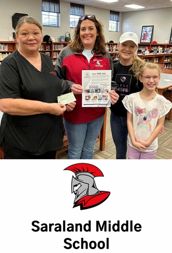 CharityRx cares about kids school lunch debt. Three women stand shoulder to shoulder with a young girl. The first woman is holding a check, the second, a flyer, and the third is wearing CharityRx shirt and hat.