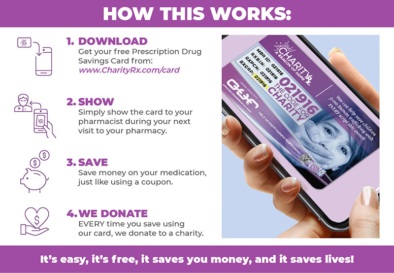 CharityRx partners with Operation Underground Railroad (O.U.R). CharityRx how this works graphic.