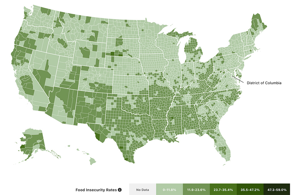 CharityRx helping to reduce food insecurity in America with Feeding Youth USA. Map of the US showing food insecurity rates by state and county