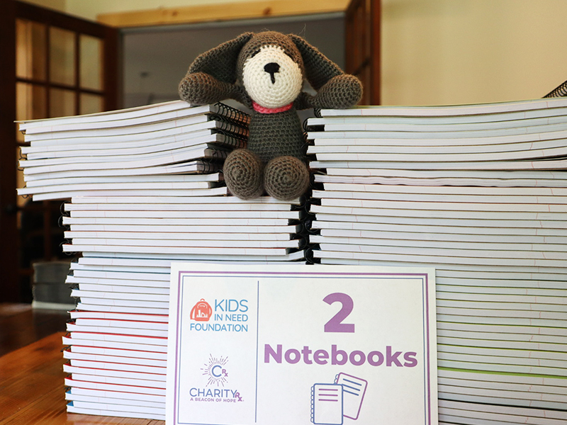 Image: A brown and white crocheted bunny sits atop stacks of spiral notebooks behind a sign reading "Kids In Need Foundation, CharityRx, two notebooks." 