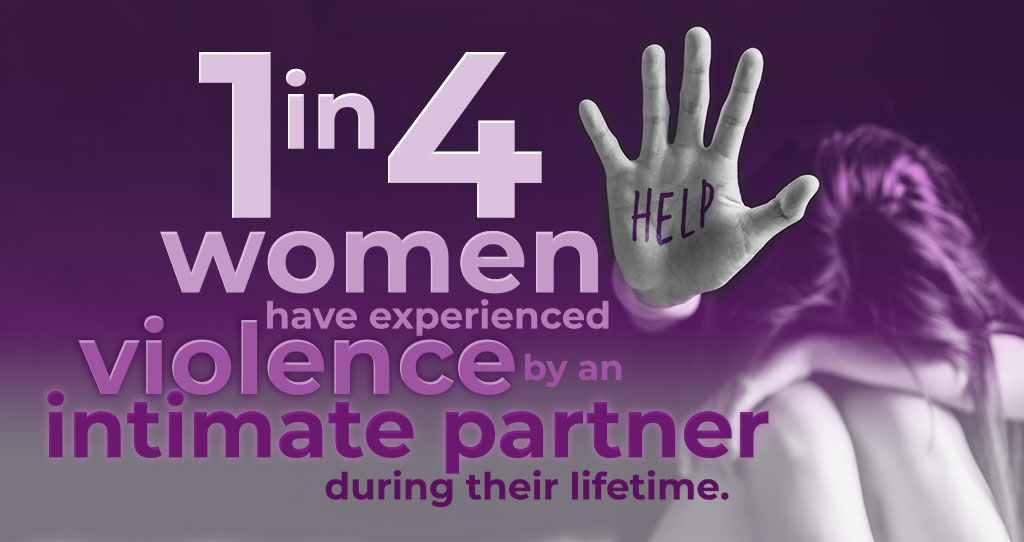 Image of a woman sitting on the floor with her head and arms on her knees. She has one had stretched out with "help" written on the palm. Text reads, "One in four women have experienced violence by an intimate partner in their lifetime."