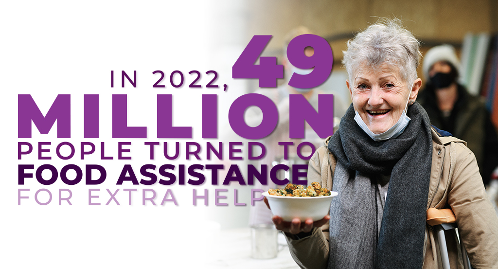 CharityRx Food Foundation donating meals for Thanksgiving. Image: A smiling, elderly woman with short, white hair is holding a bowl of food in one hand and leaning on a crutch with the other hand. She is dressed in a coat and scarf.