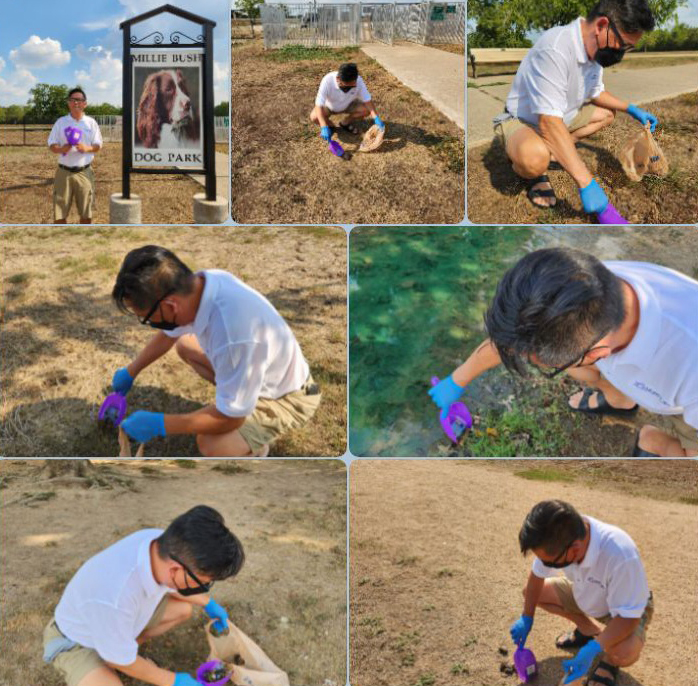 CharityRx Founder's Day 2023: The Power of Giving Back. Image collage: A middle-aged Asian man works to clean dog feces from the grass at a dog park.