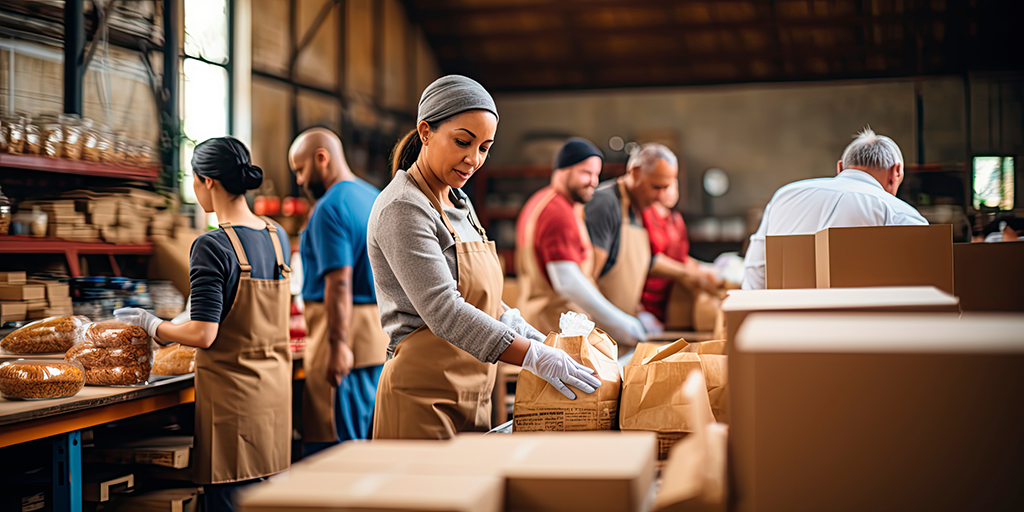 CharityRx Food Foundation donating meals for Thanksgiving. Image of a young BIPOC woman dressed in an apron and rubber gloves packs a brown paper bag with food. She is standing behind a table in line with six other people working to pack bags of food.