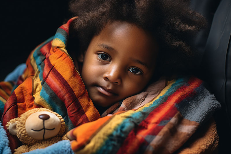 January 2024 Charity of the Month: Foster Hope. Image: A young, black girl looking at the camera, smiling slightly. She is wrapped in a colorful blanket and holding a teddy bear. 
