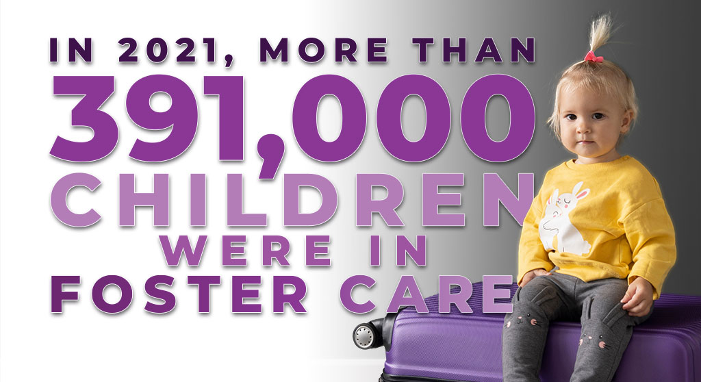 January 2024 Charity of the Month: Foster Hope. Image: In 2021, more than 391,000 children were in foster care. A toddler girl sits on a purple suitcase.