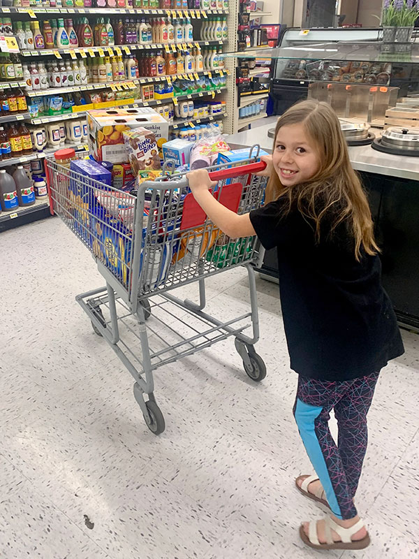 Image of a young girl pushing a shopping cart full of food.