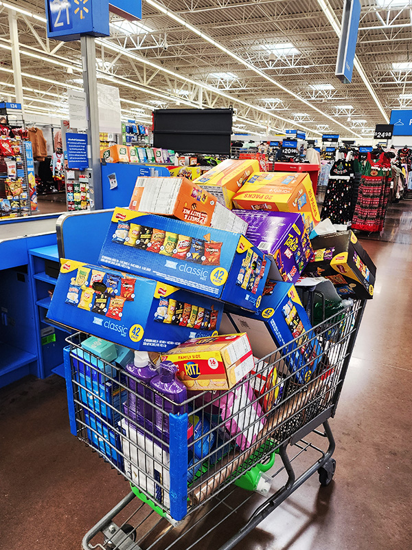 Image of a grocery cart full of snacks, cleaning supplies, and personal care items. CharityRx Supports Women and Children