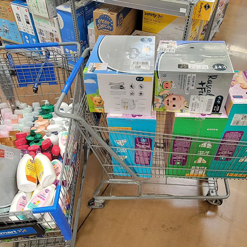 Image of two shopping carts full of personal care items and diapers to be donated to The Shade Tree. CharityRx Supports Women and Children