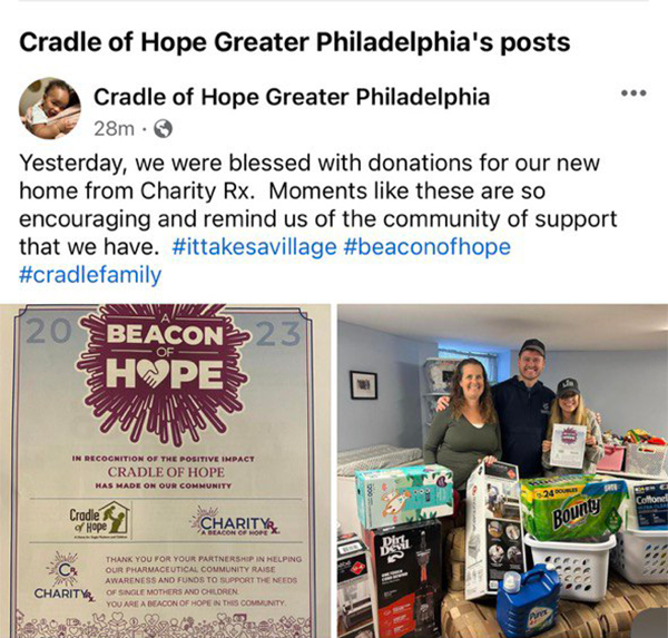 Image of a social media post thanking CharityRx for its donation to Cradle of Hope Greater Philadelphia. CharityRx Supports Women and Children