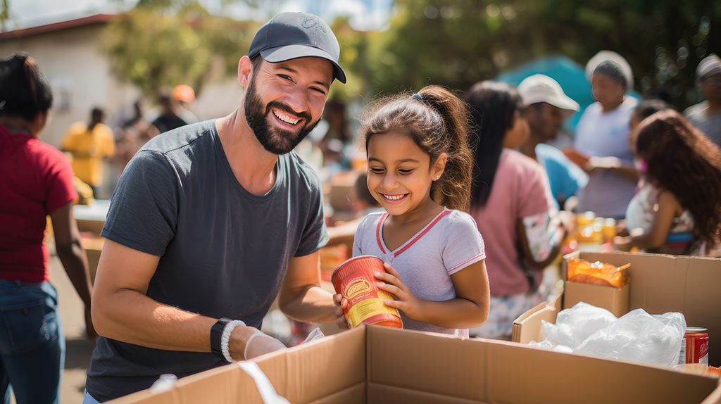 Image of a smiling Latino man and young girl working at a food drive, placing food items inside cardboard boxes outside on a sunny day.