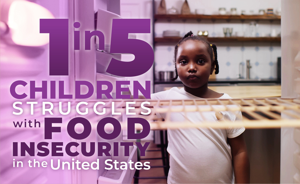 1 in 5 children struggles with food insecurity in the United States. Image of a young Black girl in a white t-shirt, looking inside and empty refrigerator.