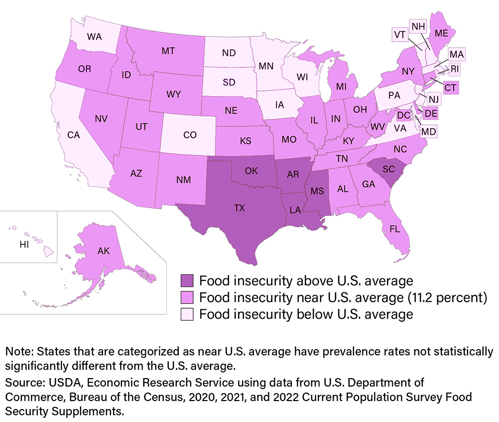 Image of a color-coded map of the United States showing the percentage of food insecurity by state.