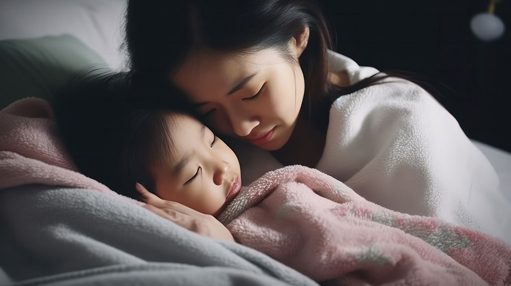 Image of a young Asian mother and child, lying in a bed together under soft blankets. The mother, cradling the child, looks sad and worried.